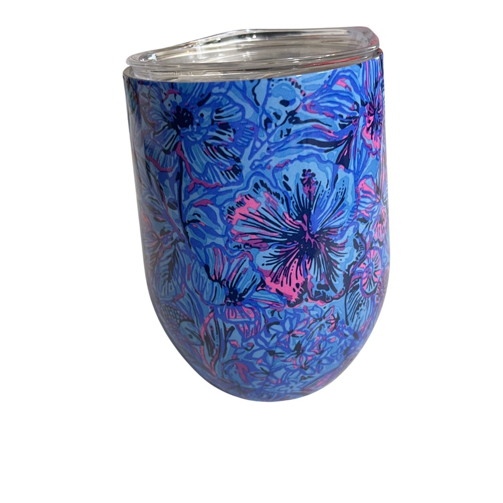 Lilly Pulitzer 12 oz Stainless Steel Blue Floral‎ Tumbler Clear Acrylic Lid
